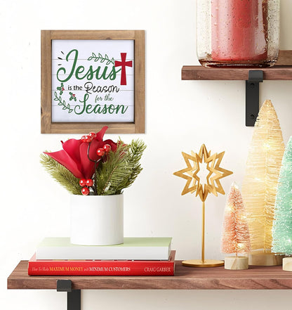 Jesus Is The Reason for The Season Sign, Wooden Christian Christmas Decor, Xmas Holiday Indoor Table Shelf Desk Mantel Tiered Tray Nativity Wall Art Rustic Farmhouse Decorations for Home