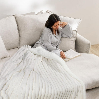 MOSAYT Throw Blanket for Couch Or Bed, Super Soft Faux Rabbit Fur Lamb Hair Blanket, Elegant Ruched Design Fleece Blanket, White Cozy Blanket for Couch, Sofa and Bed(50x60 Inch)