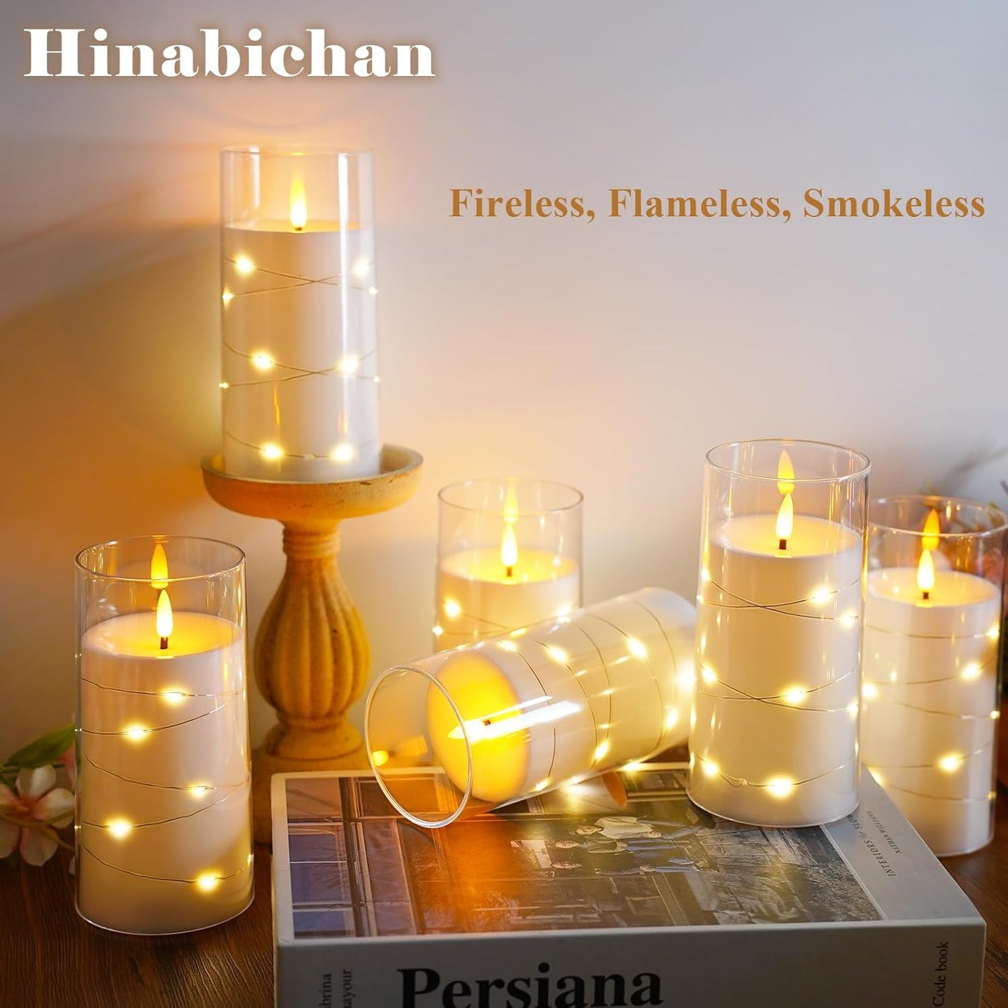Flickering Flameless Candles with Remote Timer, 6pcs LED Battery Operated Candles with Embedded String Lights White, D3 H6