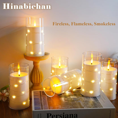 Flickering Flameless Candles with Remote Timer, 6pcs LED Battery Operated Candles with Embedded String Lights White, D3 H6