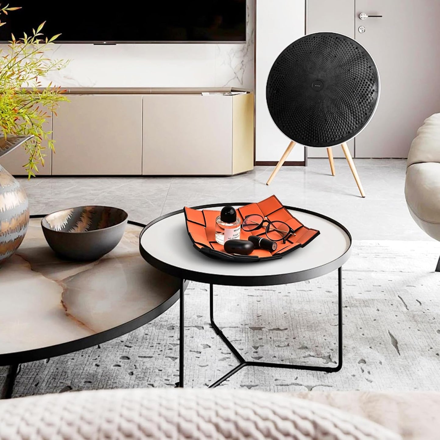 Valet Tray PU Leather Key Holder Bowl for Women and Men Entryway Table Nightstand Desk Tray for Wallet, Keys Men's Gift - Orange & Black, 9.8" L x 9.8" W x 2" H