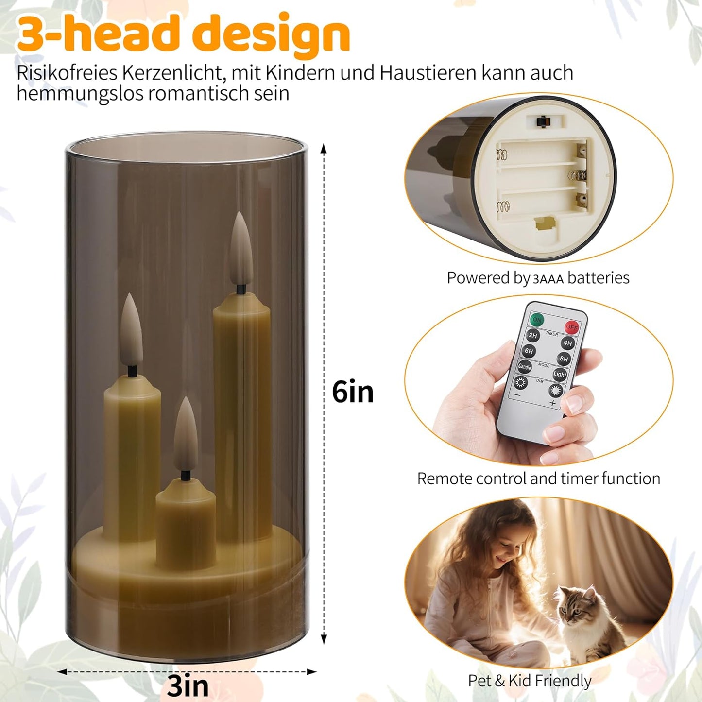 Da by Flameless Candle, Battery-Powered Candle with Remote Control and Timer, LED Three-Wick Pillar Candle, Romantic Wedding, Perfect Home Décor, 2 Pack (Grey)