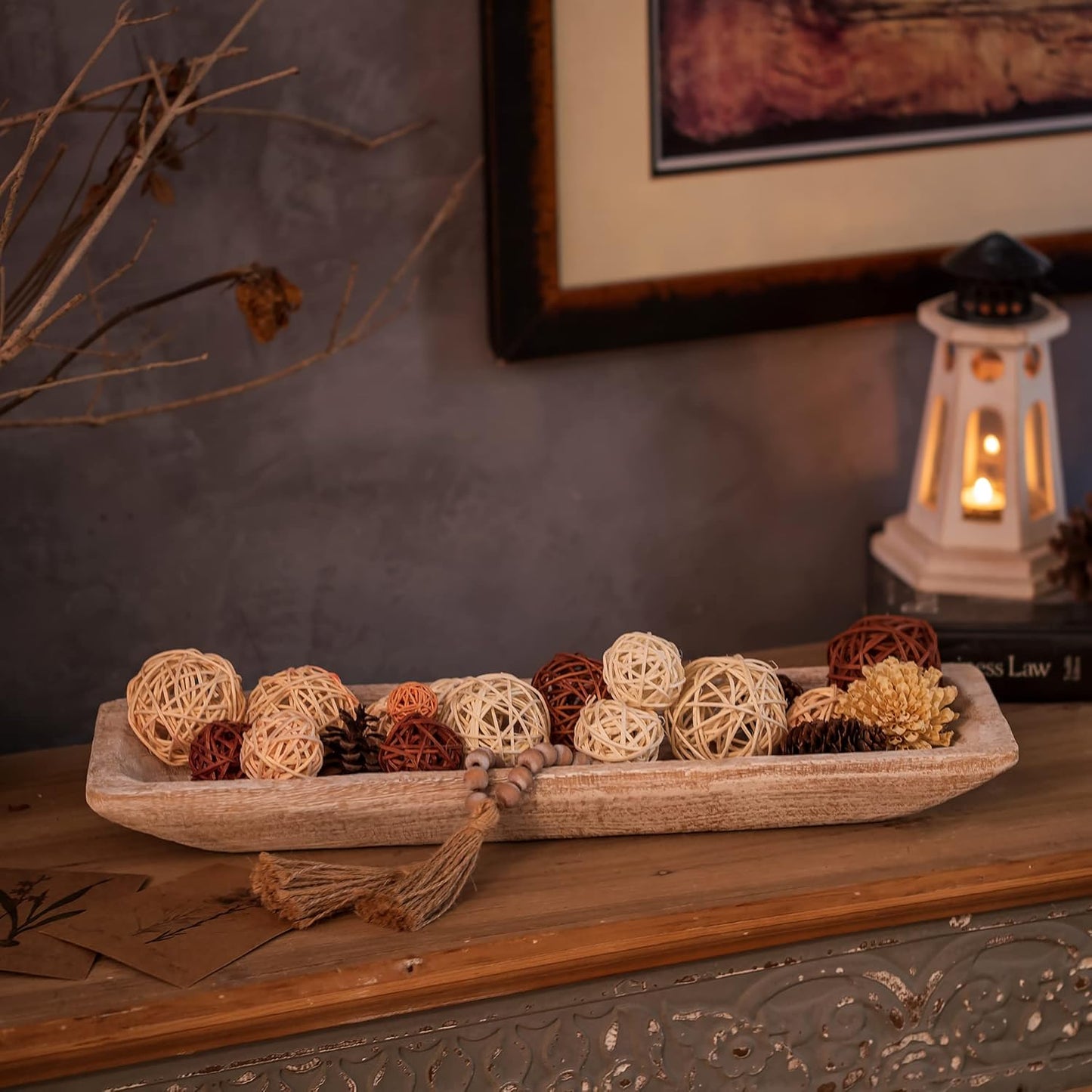 Hanobe Decorative Wood Dough Bowl: Large Long Wooden Bowl for Entry Way Table Home Decor - Coffee Table Decor for Living Room - Dining Table Centerpiece Decor, White