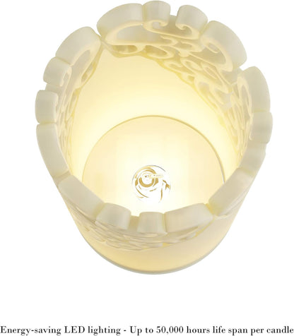 Remote Control LED Candles - Set of 3 Battery-Operated Realistic Flameless Pillars with Lace Details and Vanilla-Scented Wax by Lavish Home