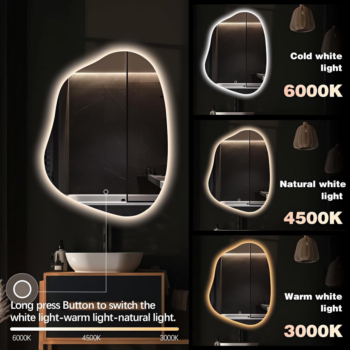 Irregular LED Bathroom Mirror with Lights, 42"x32" Anti Fog Frameless Led Bathroom Vanity Mirror, Stepless Dimmable Backlit Mirror for Bathroom Bedroom Living Room, Horizontal/Vertical