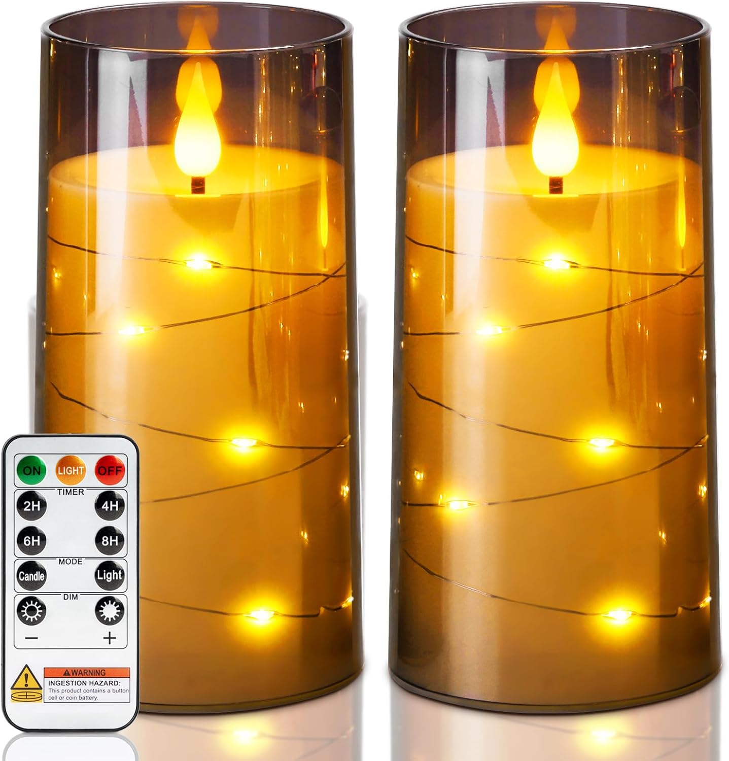 Homemory Flameless Candles with Embedded Star String Fairy Lights, Battery Operated Candles, LED Candle, Fake Candles with Remote Control and Timer, Grey, Set of 2(H 6" 6")
