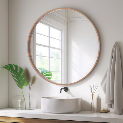 HOMECOOKIN Round Wood Mirror, 28" Round Bathroom Wall Mirror Circle Mirrors for Wall Decor, Vanity, Living Room, Bedroom, Entryway, Walnut