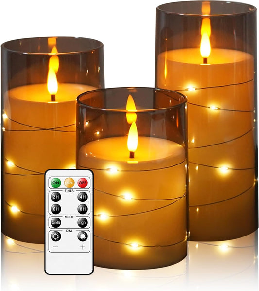 Flameless LED Candles with Timer 3 Pc Flickering Flameless Candles for Romantic Ambiance and Home Decoration Stable Acrylic Shell,with Embedded Star String，Battery Operated Candles（Grey）