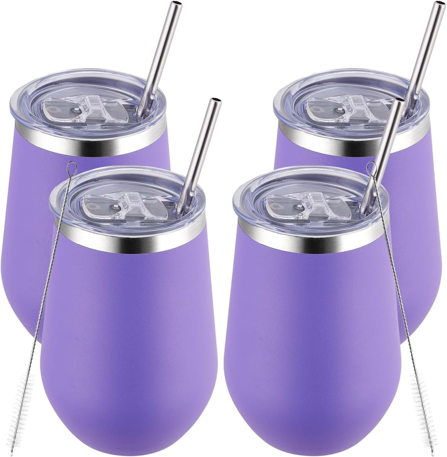 MEWAY 12oz Stainless Steel Wine Tumbler with Lid and Straw - Double Wall Stainless Steel Coffee Mug, Gift for Woman Under 10 dollars， 4 Pack Bulk tumblers(Purple,Set of 4)