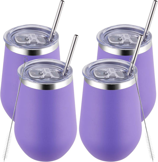 MEWAY 12oz Stainless Steel Wine Tumbler with Lid and Straw - Double Wall Stainless Steel Coffee Mug, Gift for Woman Under 10 dollars， 4 Pack Bulk tumblers(Purple,Set of 4)