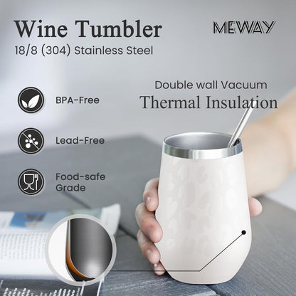 MEWAY 12oz Insulated Wine Tumbler with Press-In Lid, Double Wall Vacuum Stainless Steel Travel Tumbler with Straw,Travel Cup for Coffee and Drinks, Gift for Woman Under 10 dollars(Almond Leopard,1)
