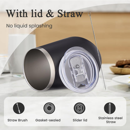 MEWAY 12oz Insulated Wine Tumbler with Press-In Lid, Double Wall Vacuum Stainless Steel Travel Tumbler with Straw,Travel Cup for Coffee and Drinks, Gift for Woman Under 10 dollars(Black,Set of 8)