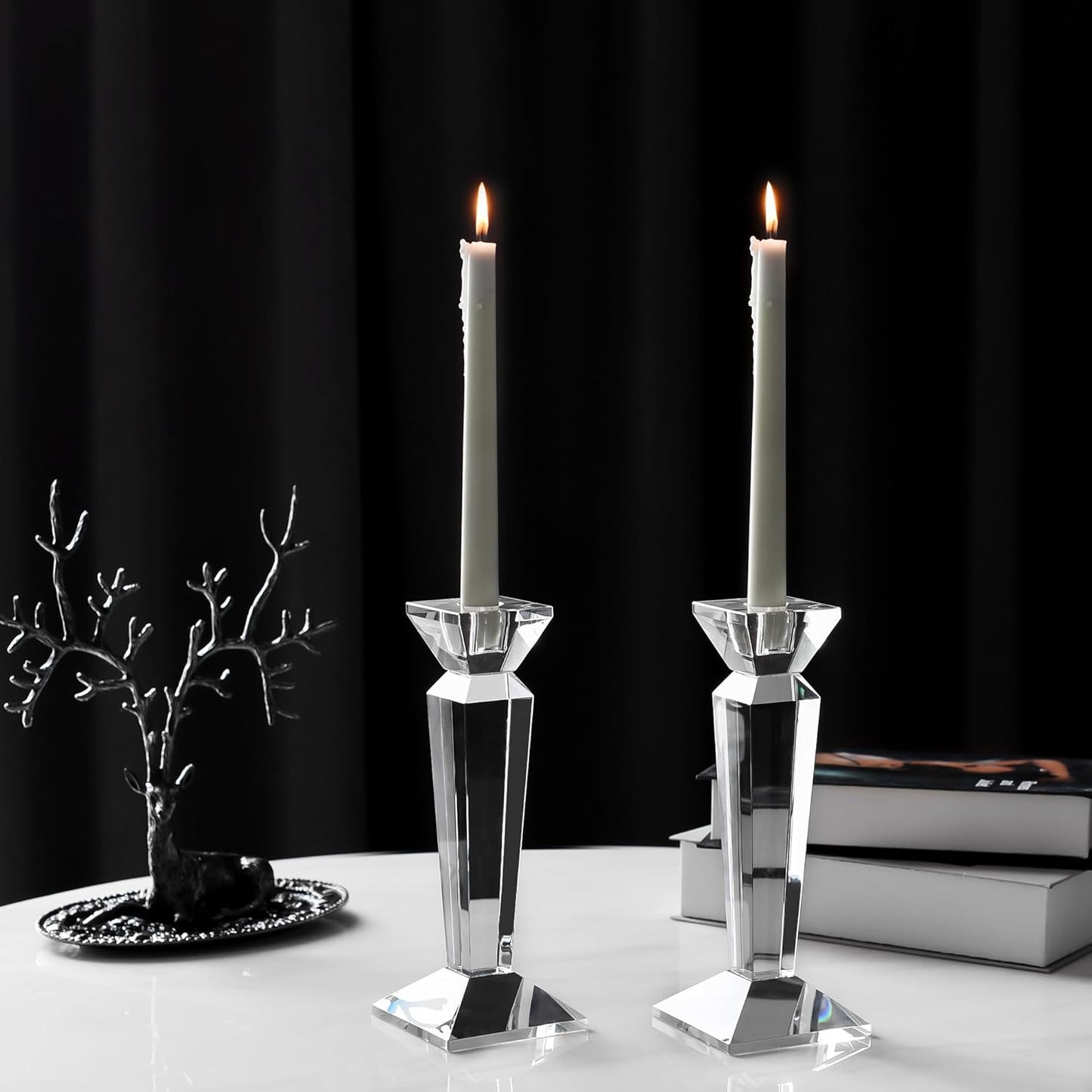Kitcom Crystal Candle Stick Holders for Home Decor 2-Pack, Clear Crystal Taper Candles Holder Table Centerpieces for Party and Wedding Decoration(9inch Tall)