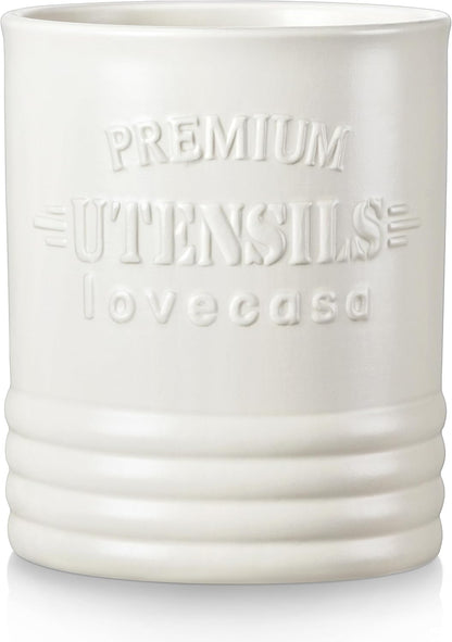 LOVECASA Vintage Utensil Holder for Kitchen Countertop, 7.2” Large Ceramic Utensil Crock for Home Décor, Farmhouse Utensil Vase for Housewarming, Wedding, Birthday Gift - Cream White