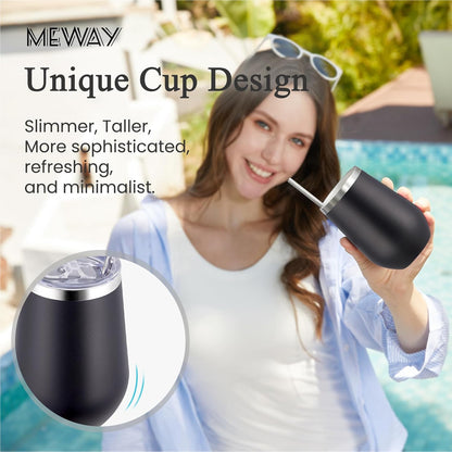 MEWAY 12oz Insulated Wine Tumbler with Press-In Lid, Double Wall Vacuum Stainless Steel Travel Tumbler with Straw,Travel Cup for Coffee and Drinks, Gift for Woman Under 10 dollars(Black,Set of 8)