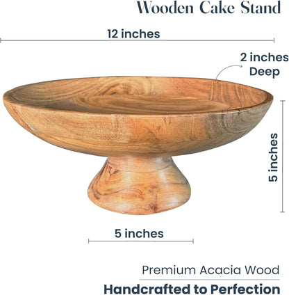 The Fine Living Co. Wooden Fruit Bowl, 12 inch Large Serving Platter for Dessert, Round Serving Bowl for Cake, Snacks, Acacia Wood Bowls for Centrepiece, Wedding, Natural, 12"x2"