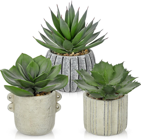 Briful 3 Pack Faux Succulent Plants in Vintage Cement Pots – Artificial Aloe Succulent Decor with Realistic Leaves and Pebble Base – Rustic Mini Plant Set for Home Office Bathroom Bookshelf