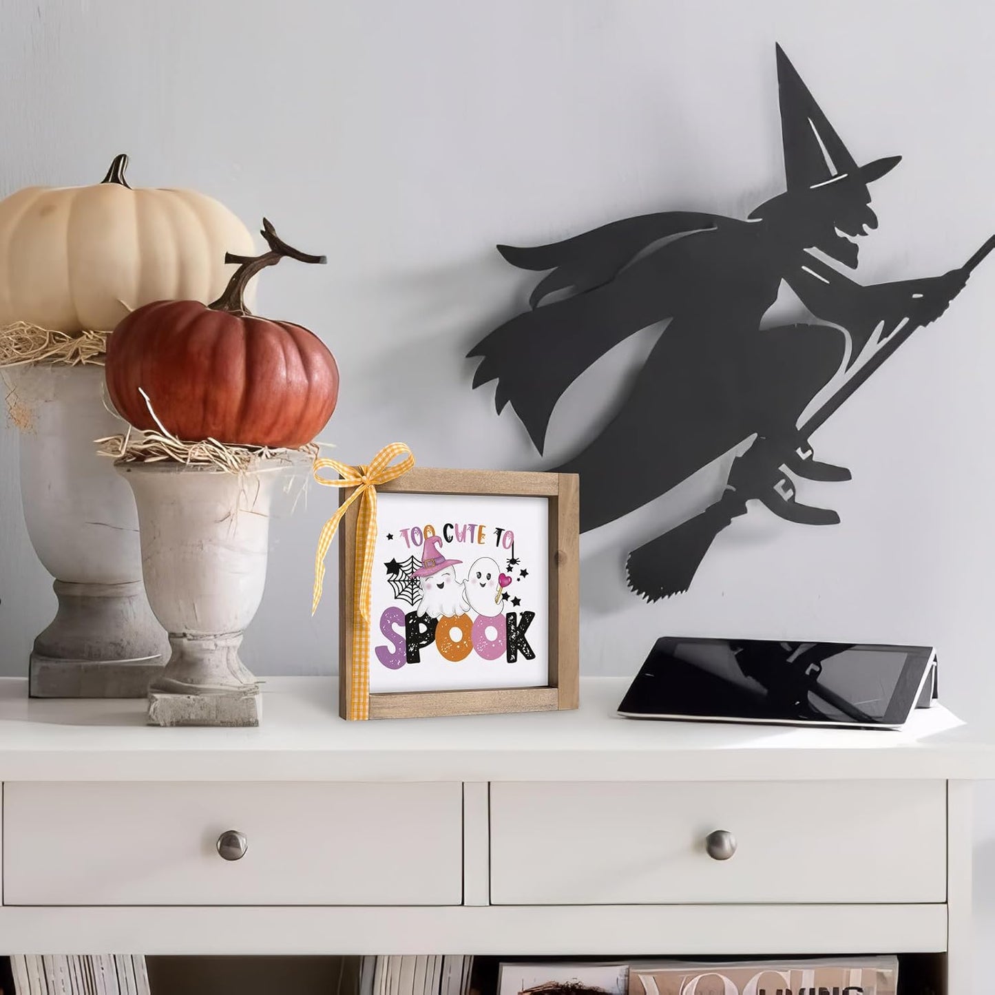 Too Cute To Spook Sign, 6 Inch Wooden Halloween Funny Cute Pink Ghost Decorative Signage Office Decor, Indoor Table Wall Art Shelf Desk Tiered Tray Rustic Farmhouse Home Decorations