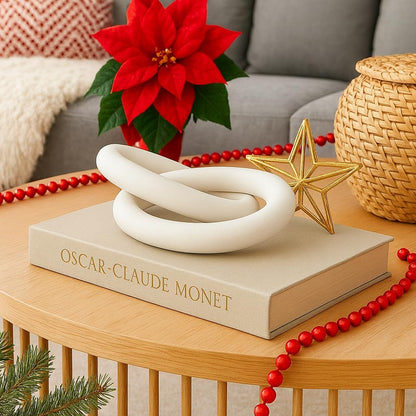 Wood Chain Link Decor – 13” White Wooden Decorative Object for Coffee Table Decor & Neutral Decor for Home – Modern Knot Accent for Shelf Styling, Books, or Housewarming Gifts