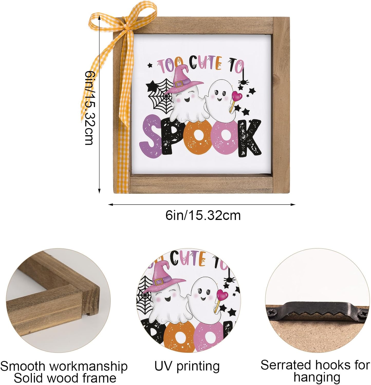 Too Cute To Spook Sign, 6 Inch Wooden Halloween Funny Cute Pink Ghost Decorative Signage Office Decor, Indoor Table Wall Art Shelf Desk Tiered Tray Rustic Farmhouse Home Decorations