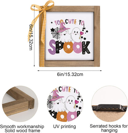Too Cute To Spook Sign, 6 Inch Wooden Halloween Funny Cute Pink Ghost Decorative Signage Office Decor, Indoor Table Wall Art Shelf Desk Tiered Tray Rustic Farmhouse Home Decorations