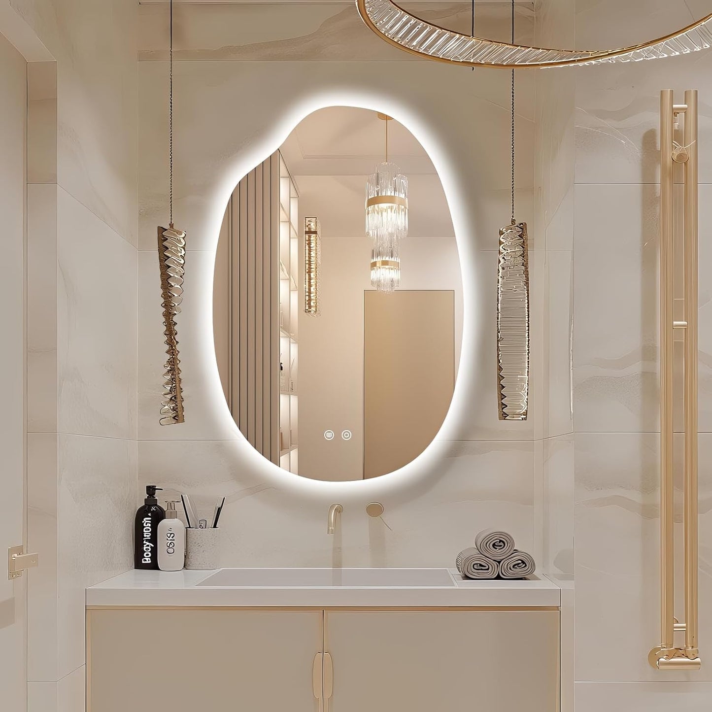38"x26" Asymmetrical Led Mirror for Bathroom, Irregular Backlit Vanity Mirror with Lights, Frameless Smart Mirror, 3 Colors Stepless Dimmable, Anti-Fog, Memory, CRI95+, Horizontal/Vertical