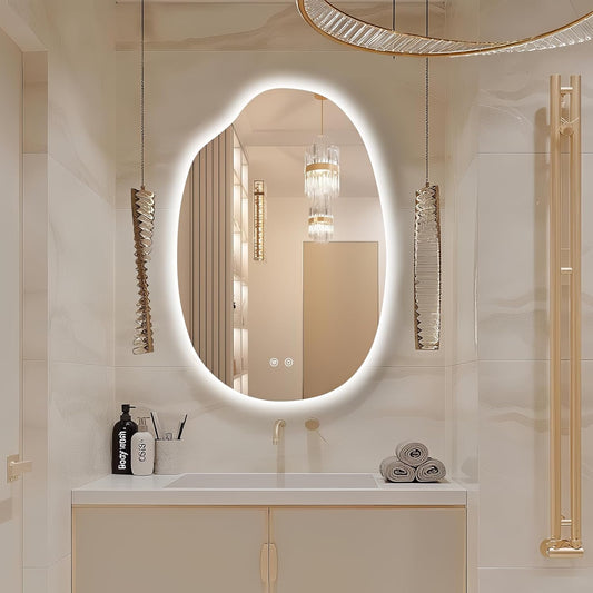 38"x26" Asymmetrical Led Mirror for Bathroom, Irregular Backlit Vanity Mirror with Lights, Frameless Smart Mirror, 3 Colors Stepless Dimmable, Anti-Fog, Memory, CRI95+, Horizontal/Vertical