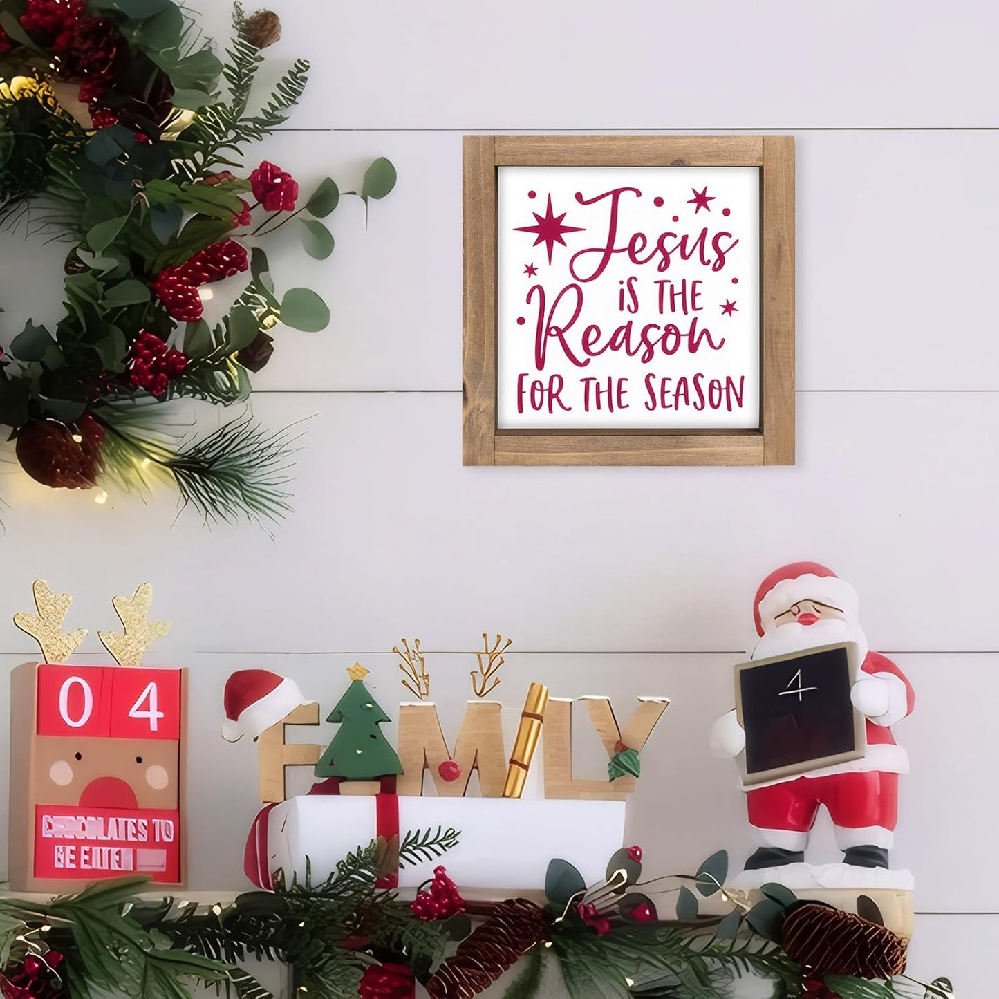 Jesus Is The Reason for The Season Sign, Wooden Nativity Christmas Decor, Holiday Decorative Signage Table Shelf Desk Mantel Tiered Tray Christian Wall Art Rustic Farmhouse Home Decorations