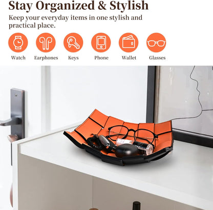 Valet Tray PU Leather Key Holder Bowl for Women and Men Entryway Table Nightstand Desk Tray for Wallet, Keys Men's Gift - Orange & Black, 9.8" L x 9.8" W x 2" H