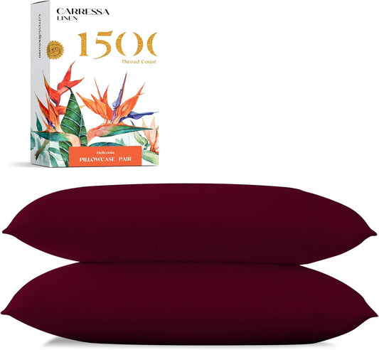 Carressa Linen 100% Egyptian Cotton Pillow Cases Standard/Queen Size Set of 2 - Luxury 1500 Thread Count Sateen Burgundy Pillow Cases, Silky Soft Cotton Pillowcases Fits Standard & Queen Pillows
