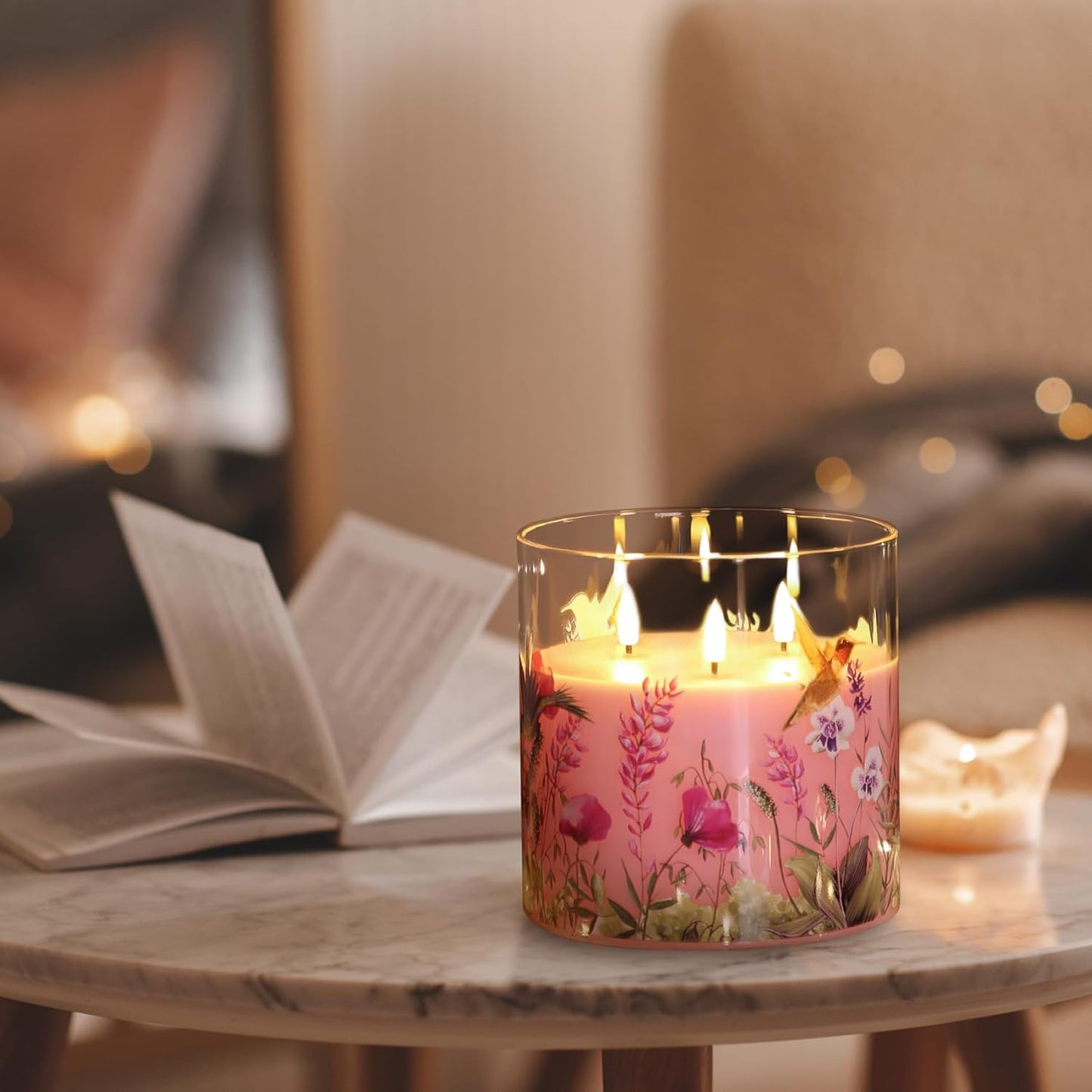 Eywamage 3 Wick Flameless Candle with Remote, Pink Hummingbird Floral Glass LED Candle, Large Battery Pillar Candle Φ 6" H 6"