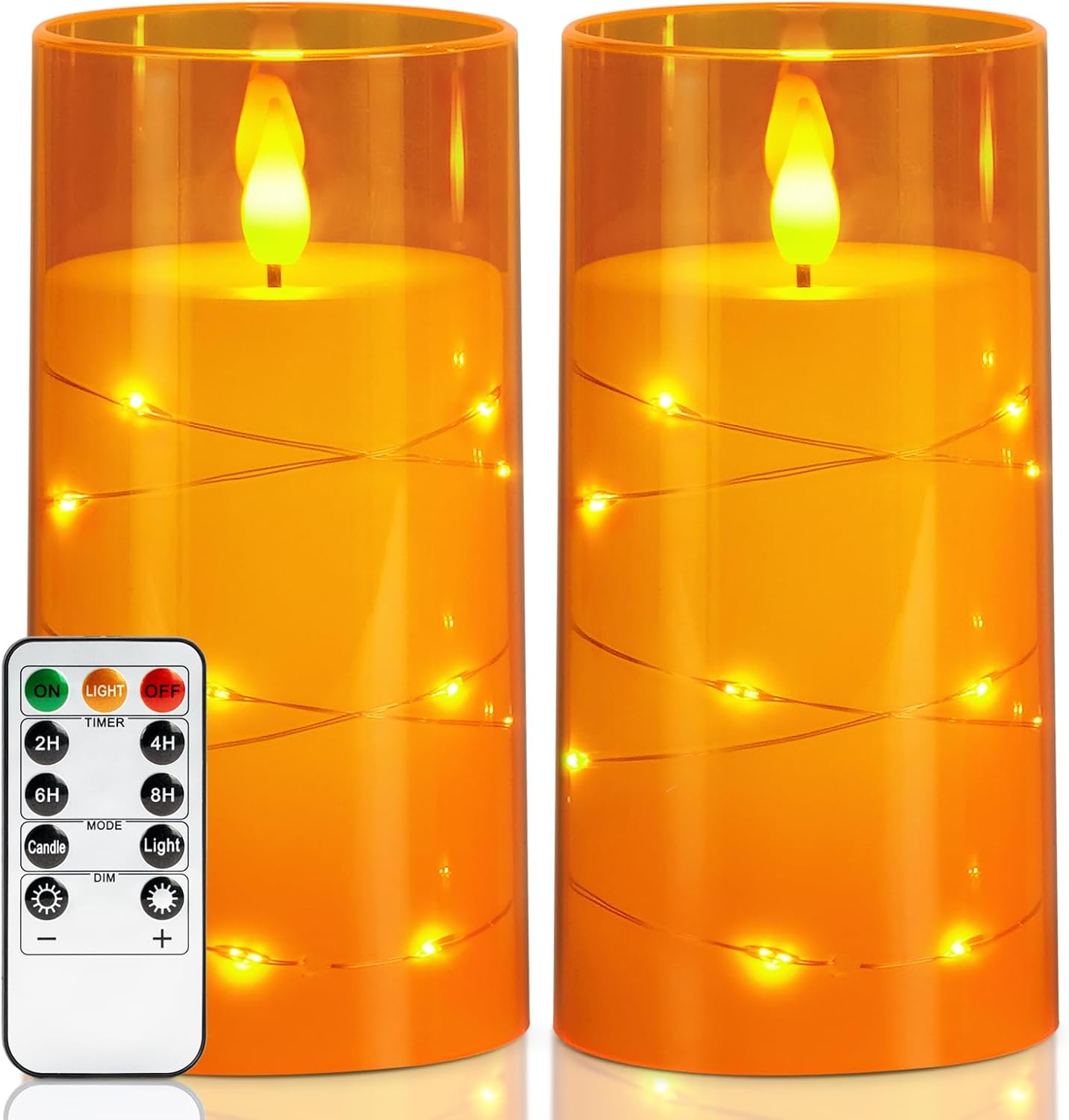 Homemory Flameless Candles with Embedded Star String Fairy Lights, Battery Operated Candles, LED Candle, Fake Candles with Remote Control and Timer, Orange, Set of 2(H 6" 6")