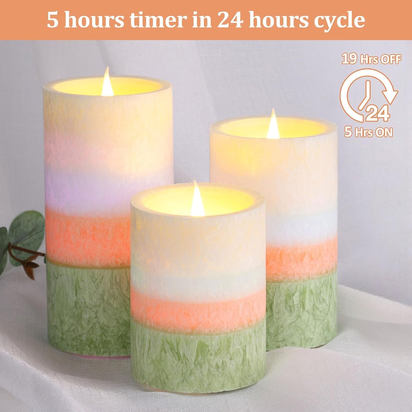 Eywamage Color-Changing Flameless Pillar Candles with Timer - Real Wax Coated, Battery-Operated Set of 3