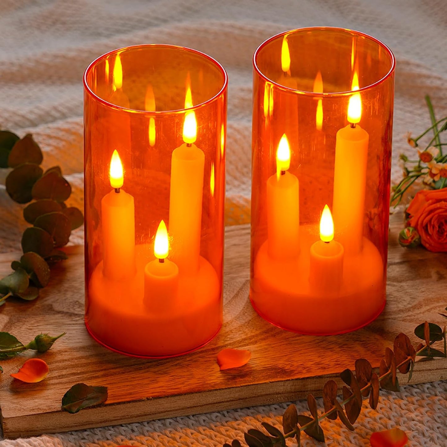 Da by Flameless Candle, Battery-Powered Candle with Remote Control and Timer, LED Three-Wick Pillar Candle, Romantic Wedding, Perfect Home Décor, 2 Pack (Orange)