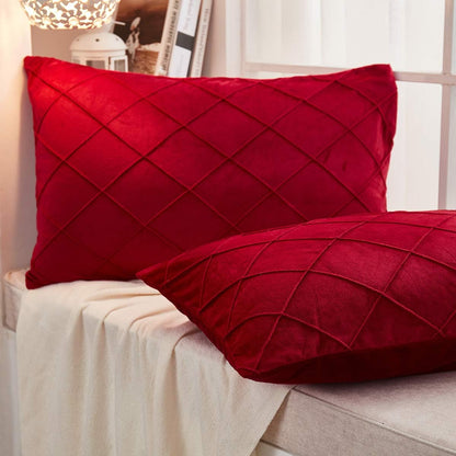JAUXIO Diamond Pinch Pleated Crystal Velvet Pillowcases 2 Pack Solid Pintuck Throw Cushion Cover for Home Decor Hidden Zipper Closure (Burgundy, King)