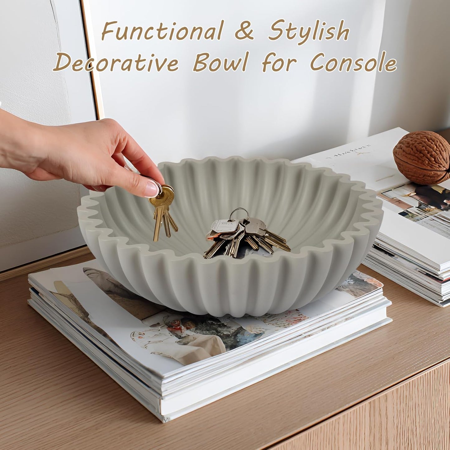 Large Decorative Bowl for Home Decor - Centerpiece for Coffee Table,Dining Table,Kitchen, Entryway Key bowl & Fruit Bowl Display - Modern Concrete Stone Design (Gray)