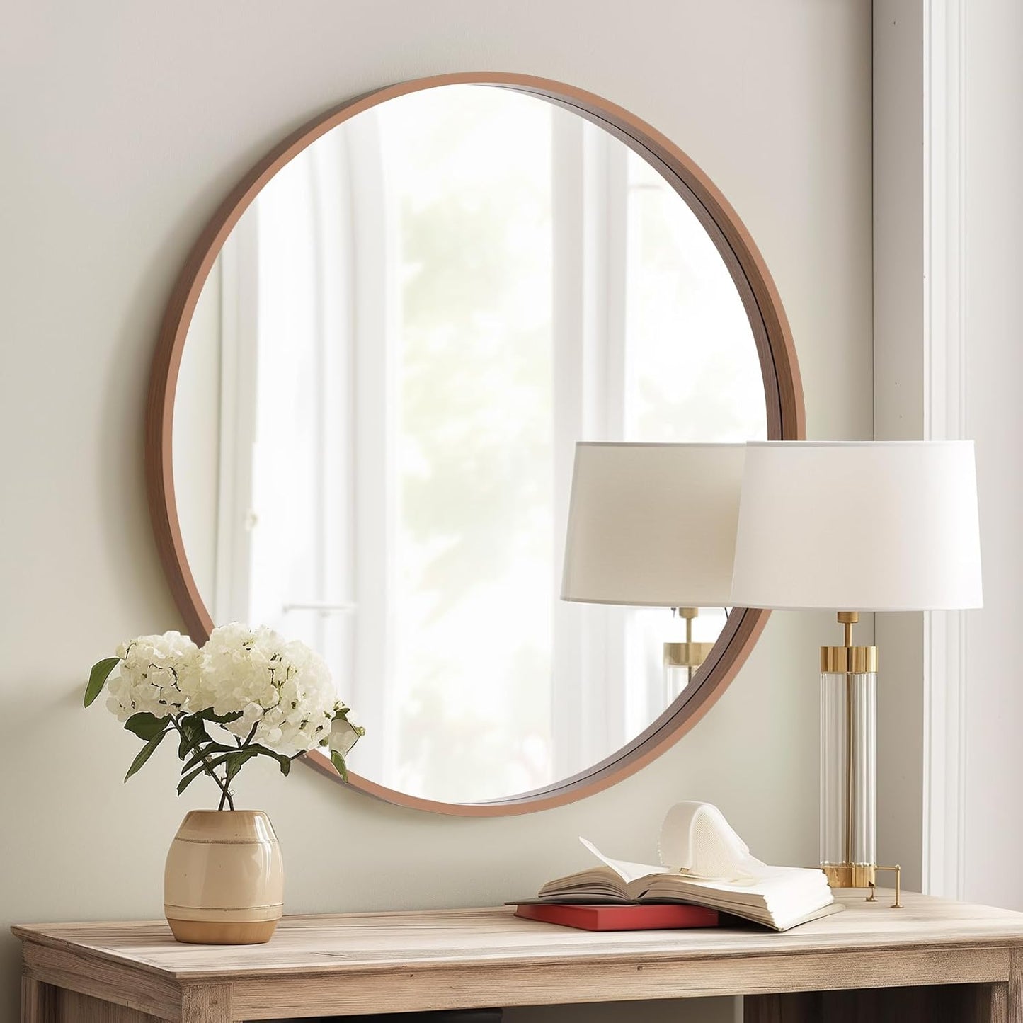 HOMECOOKIN Round Wood Mirror, 28" Round Bathroom Wall Mirror Circle Mirrors for Wall Decor, Vanity, Living Room, Bedroom, Entryway, Walnut