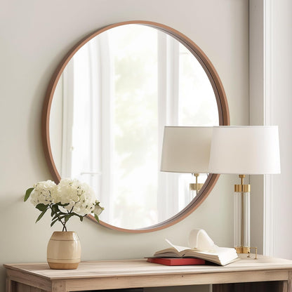 HOMECOOKIN Round Wood Mirror, 28" Round Bathroom Wall Mirror Circle Mirrors for Wall Decor, Vanity, Living Room, Bedroom, Entryway, Walnut