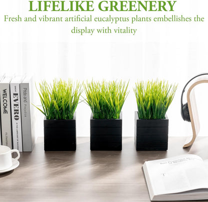 MyGift Artificial Green Grass Plants in Vintage Black Wood 4 Inch Planter Boxes, Faux Greenery in Decorative Square Crate Style Wooden Containers, Set of 3