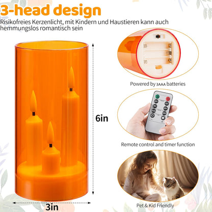 Da by Flameless Candle, Battery-Powered Candle with Remote Control and Timer, LED Three-Wick Pillar Candle, Romantic Wedding, Perfect Home Décor, 2 Pack (Orange)