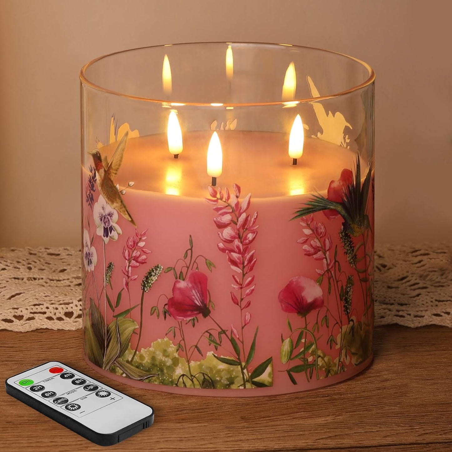 Eywamage 3 Wick Flameless Candle with Remote, Pink Hummingbird Floral Glass LED Candle, Large Battery Pillar Candle Φ 6" H 6"
