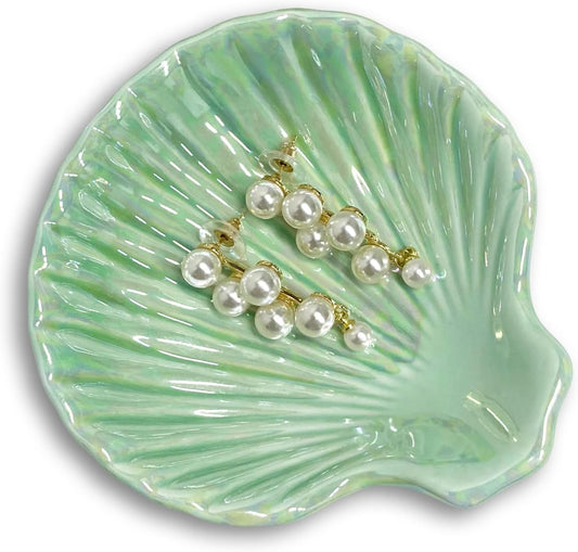 Ceramic Shell Ring Holder Dish, Small Shell Trinket Dish for Women, Ceramic Beachy Jewelry Plate Bowl for Earrings Necklace, 3.9", Ice Green Iridescent Surface