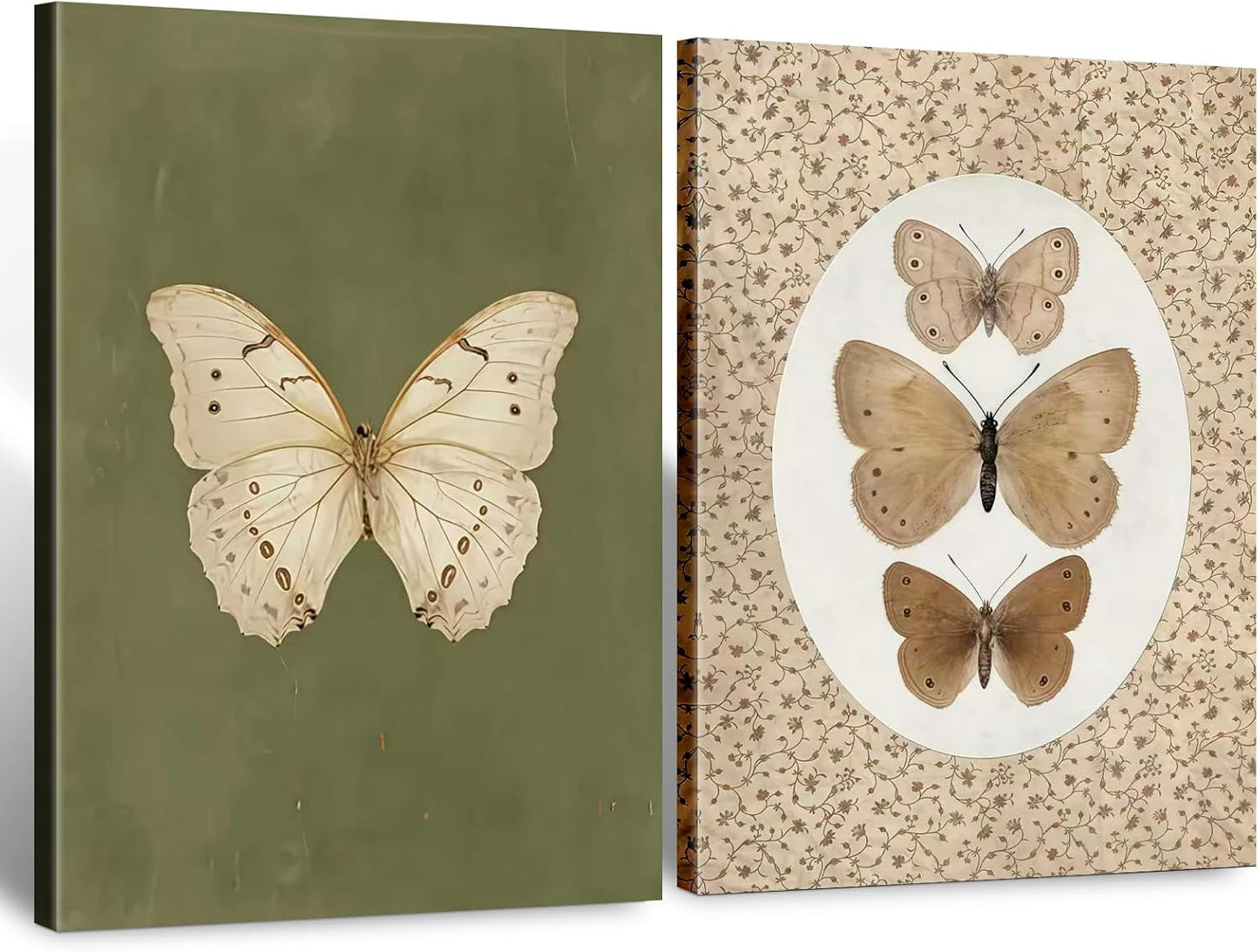 Framed Butterfly Wall Art 2Pcs,Vintage Classic Prints, Nature Butterfly Canvas Painting,Rustic Beige and Dark Moody Green Poster Boho Wall Decor for Living Room, Bedroom,Gallery Home Decor 12x16IN