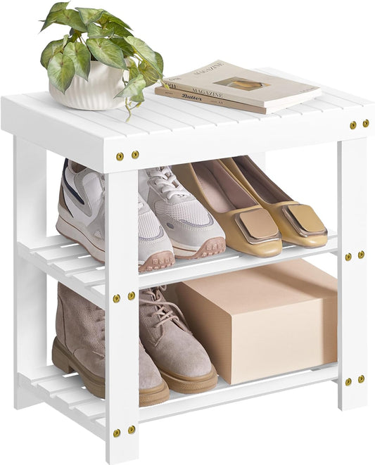 SONGMICS Shoe Rack Bench, 3-Tier Bamboo Shoe Storage Organizer, Entryway Bench, Holds Up to 286 lb, 11.3 x 19.7 x 17.8 Inches, for Entryway Bathroom Bedroom, Cloud White ULBS001W01
