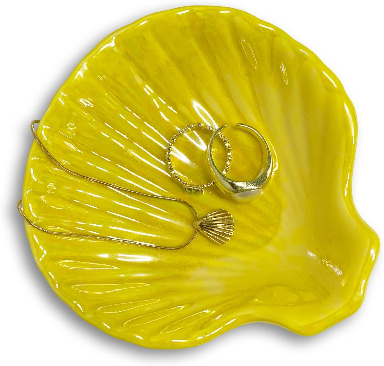Shell Trinket Dish, Ceramic Jewelry Dish Trinket Tray, Cute Jewelry Organizer Plate for Jewelry, Earring Seashell Jewelry Ring Holder, 3.9", Bright Yellow Iridescent Surface
