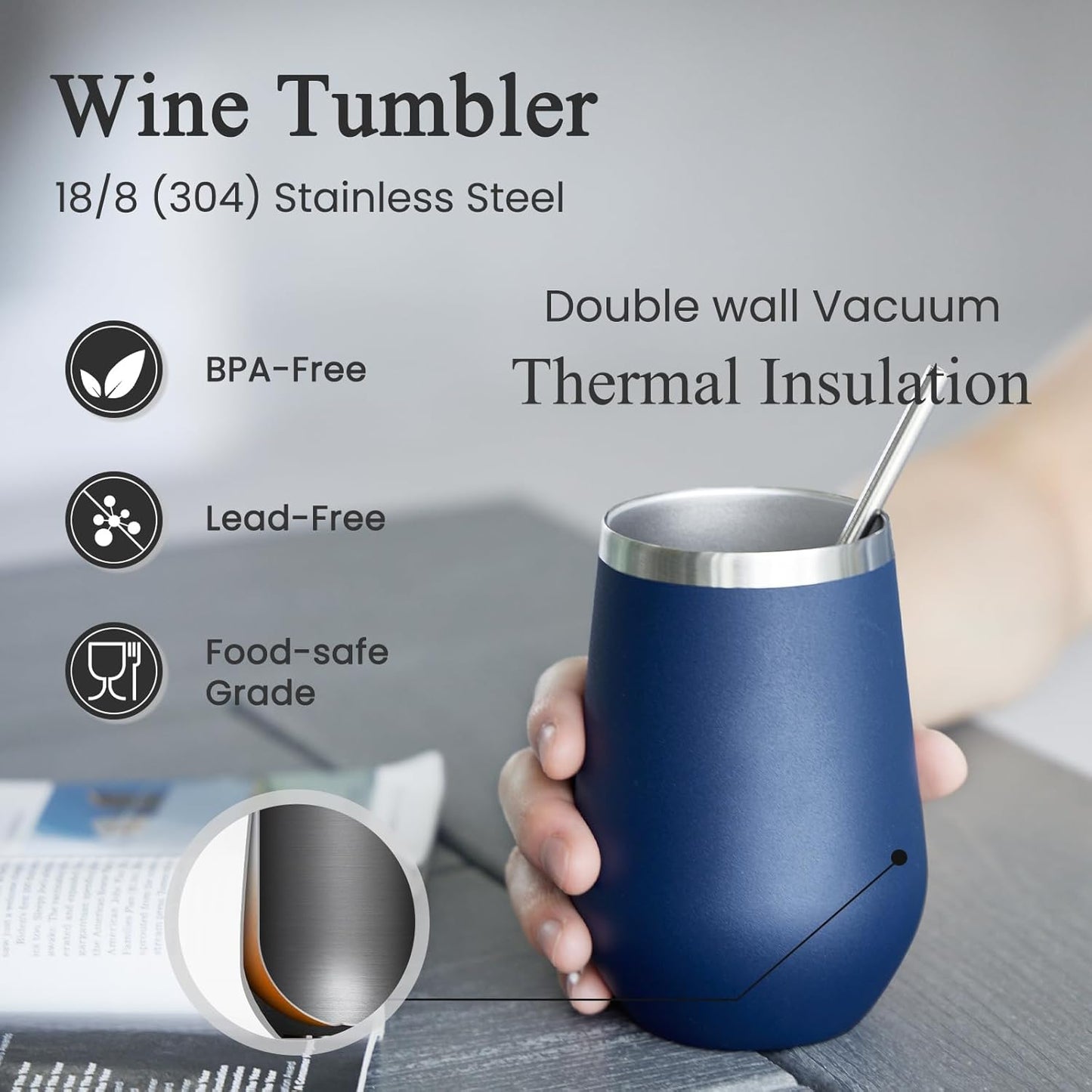 MEWAY Durable 12oz Stainless Steel Wine Tumbler with Lid and straw - Vacuum Insulated Coffee and Wine Cup for Travel, Parties, and Outdoor Events(Navy,1)