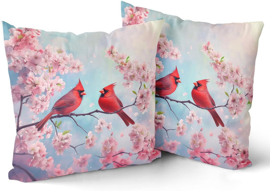 Giwawa Spring Birds Pillow Covers Set of 2, Cherry Blossom Floral Pillow Cases 16x16in, Watercolor Flowers Soft Cotton Throw Cushion Covers for Sofa Couch Patio Bedding Seasonal Decoration