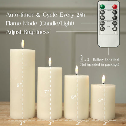 LUSHABOR Flameless Candles, 4 Pack Battery Operated Candles with Remote, Real Wax LED Fake Candles with Timer Flickering for Christmas Wedding Home Party D3 H 5" 6" 7" 9" Ivory