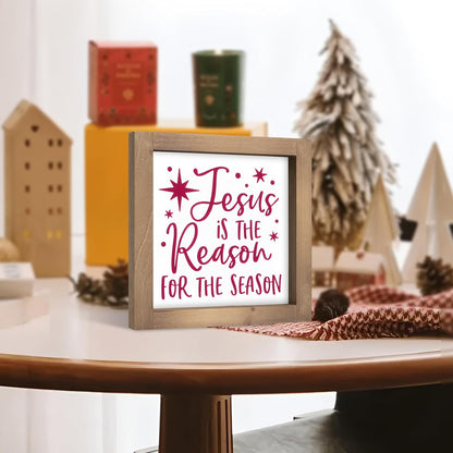 Jesus Is The Reason for The Season Sign, Wooden Nativity Christmas Decor, Holiday Decorative Signage Table Shelf Desk Mantel Tiered Tray Christian Wall Art Rustic Farmhouse Home Decorations