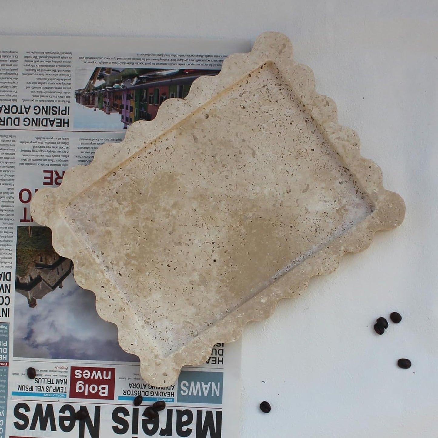 Natural Luxury Scalloped Marble Tray 10.8"x8", Rectangle Vanity Tray for Bathroom Kitchen Counter, Decorative Tray for Dresser Home Decor - Beige Travertine